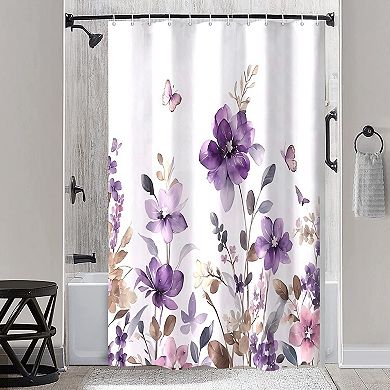 Purple Lavender Floral Butterfly Boho Shower Curtains for Bathroom, with 12PCS Hooks, 70X70IN