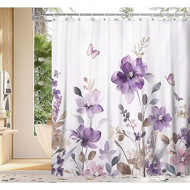Purple Lavender Floral Butterfly Boho Shower Curtains for Bathroom, with 12PCS Hooks, 70X70IN