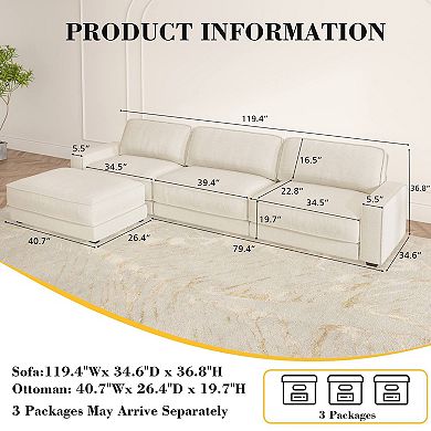 Opoiar 120" Cloud Modular Sectional Sofa, Deep Seat L-Shaped Couch with Chaise, No Assembly