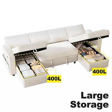 Opoiar 105" U-Shaped Sectional Sleeper Sofa with Pull-Out Bed, Reclining Backrest, USB Ports