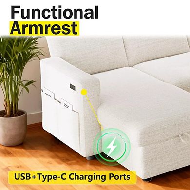 Opoiar 105" U-Shaped Sectional Sleeper Sofa with Pull-Out Bed, Reclining Backrest, USB Ports