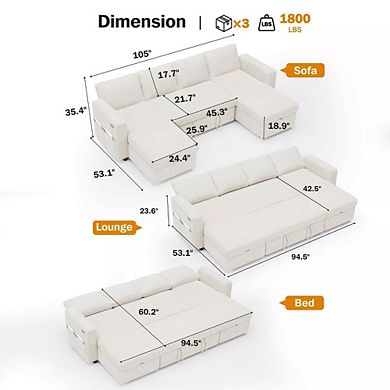 Opoiar 105" U-Shaped Sectional Sleeper Sofa with Pull-Out Bed, Reclining Backrest, USB Ports