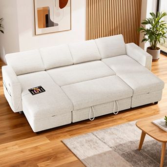 Opoiar 105" U-Shaped Sectional Sleeper Sofa with Pull-Out Bed, Reclining Backrest, USB Ports