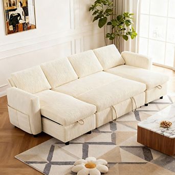 Opoiar 105" U-Shaped Sectional Sleeper Sofa with Pull-Out Bed, Reclining Backrest, USB Ports