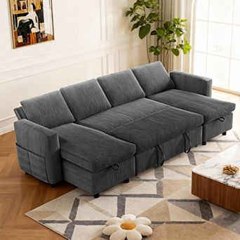 Opoiar 105" U-Shaped Sectional Sleeper Sofa with Pull-Out Bed, Reclining Backrest, USB Ports