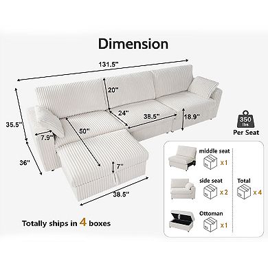 Opoiar 132" Corduroy Sofa with Ottoman, Deep Seat, Washable Covers, Tool-Free Assembly
