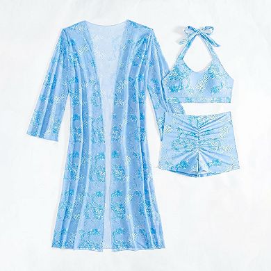 Women's 3 Piece Printed Swimwear Set Top Shorts Cover Up
