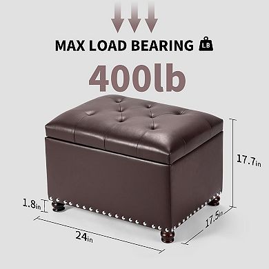 Faux Leather Storage Ottoman Bench Rectangle 24 Inch Foot Rest