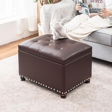 Faux Leather Storage Ottoman Bench Rectangle 24 Inch Foot Rest