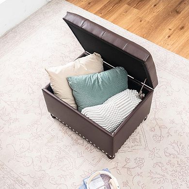 Faux Leather Storage Ottoman Bench Rectangle 24 Inch Foot Rest