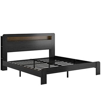 Pnronnc Wood Bed Frame Platform Bed with LED Charging Station Storage Headboard Metal Slat Support