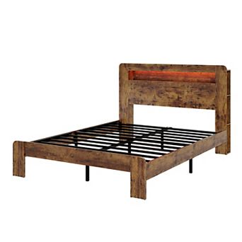 Pnronnc Wood Bed Frame Platform Bed with LED Charging Station Storage Headboard Metal Slat Support