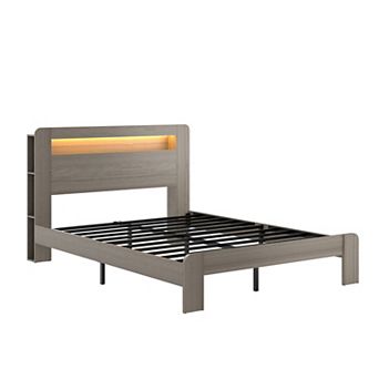 Pnronnc Wood Bed Frame Platform Bed with LED Charging Station Storage Headboard Metal Slat Support