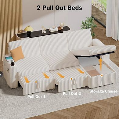 Opoiar 101" Sectional Sleeper Sofa with Pull-Out Bed, Reclining Backrest, Storage Chaise, USB Ports