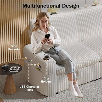 Opoiar 101" Sectional Sleeper Sofa with Pull-Out Bed, Reclining Backrest, Storage Chaise, USB Ports