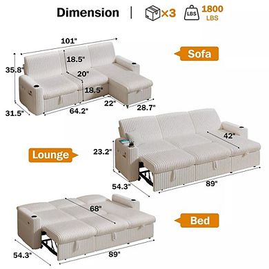 Opoiar 101" Sectional Sleeper Sofa with Pull-Out Bed, Reclining Backrest, Storage Chaise, USB Ports