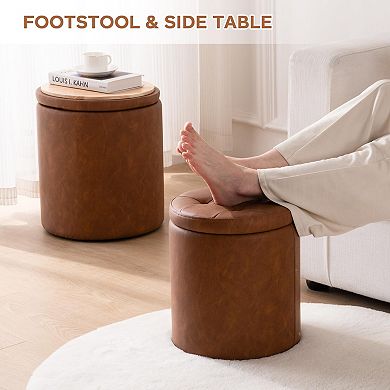Round set of 2 faux leather storage button tufted ottomans coffee table