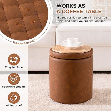 Round set of 2 faux leather storage button tufted ottomans coffee table