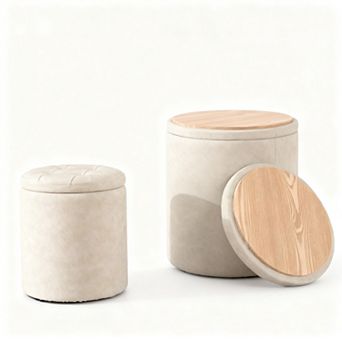 Round set of 2 faux leather storage button tufted ottomans coffee table