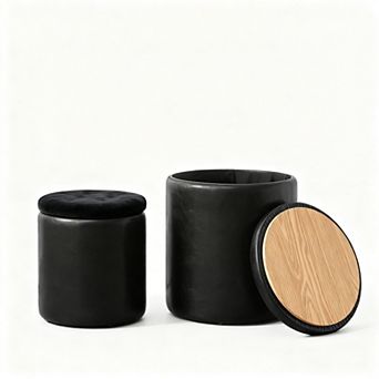 Round set of 2 faux leather storage button tufted ottomans coffee table