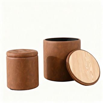 Round set of 2 faux leather storage button tufted ottomans coffee table