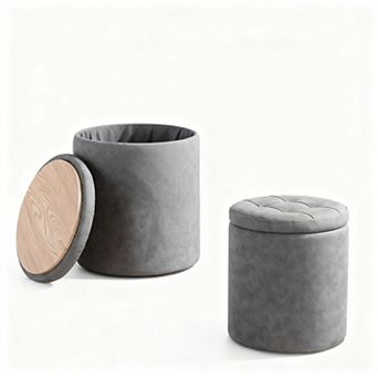 Round set of 2 faux leather storage button tufted ottomans coffee table
