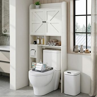 Opoiar Over-The-Toilet Cabinet 32.3"W x 70"H, Barn Door Bathroom Organizer