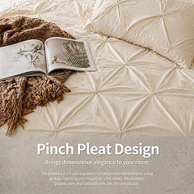 Queen 7-Piece Bed In A Bag Pintuck Bedding Set All Season Microfiber Down Alternative Comforter Set
