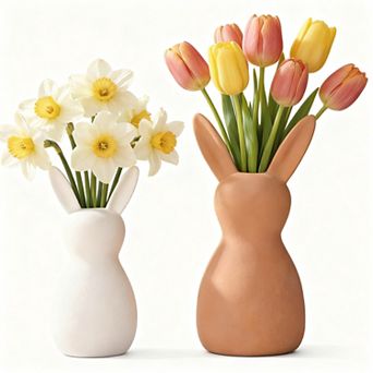 2 Terracotta Rabbit Vases Easter Country Spring Table Centerpiece Decoration