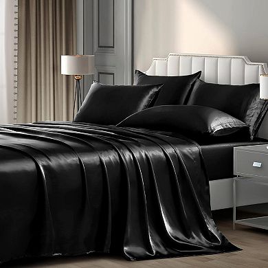 6 Pieces Queen Satin Sheets Set, 1 Deep Pocket Fitted Sheet + 1 Flat Sheet + 4 Pillow Cases