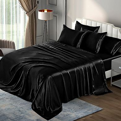 6 Pieces Queen Satin Sheets Set, 1 Deep Pocket Fitted Sheet + 1 Flat Sheet + 4 Pillow Cases