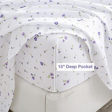 Floral Queen Sheet Set Flower Bed Sheets Printed-4 Piece Microfiber Patterned Fitted Sheets with 15"
