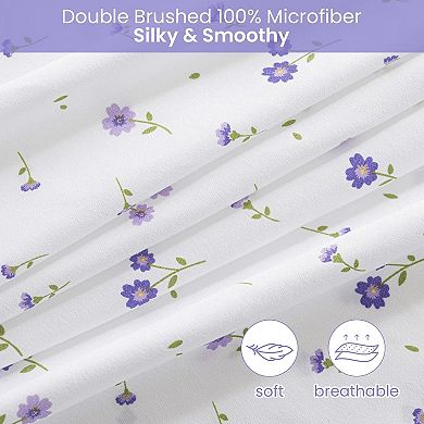 Floral Queen Sheet Set Flower Bed Sheets Printed-4 Piece Microfiber Patterned Fitted Sheets with 15"