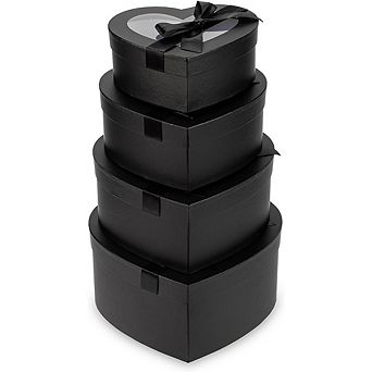 Heart Shaped Flower Gift Box Set (4pc), Black Nesting Boxes with Clear Lids for Arrangements & Gifts