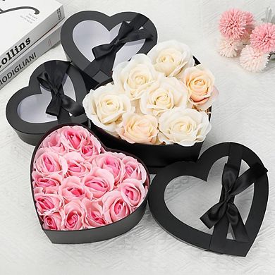Heart Shaped Flower Gift Box Set (4pc), Black Nesting Boxes with Clear Lids for Arrangements & Gifts