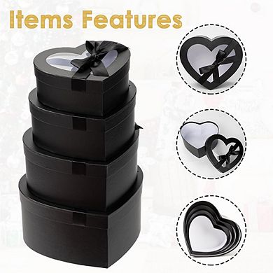 Heart Shaped Flower Gift Box Set (4pc), Black Nesting Boxes with Clear Lids for Arrangements & Gifts