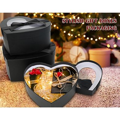 Heart Shaped Flower Gift Box Set (4pc), Black Nesting Boxes with Clear Lids for Arrangements & Gifts