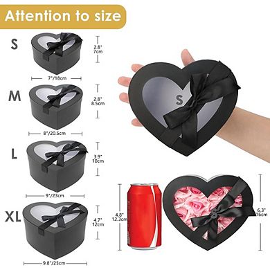 Heart Shaped Flower Gift Box Set (4pc), Black Nesting Boxes with Clear Lids for Arrangements & Gifts