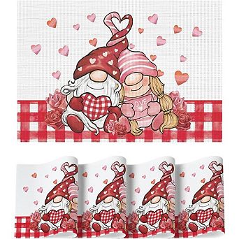 Valentine Gnome Vinyl Placemats Set of 4 Washable Non-Slip Heat Resistant Table Mats