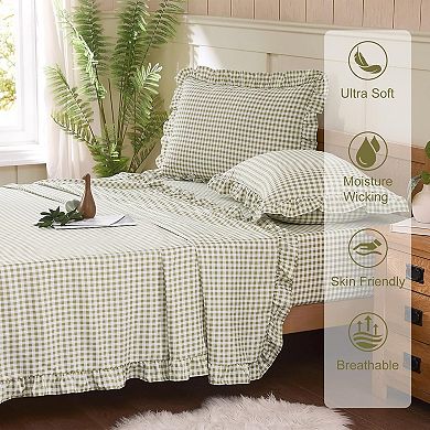 Gingham Queen Sheet Set, Super Soft Brushed Microfiber Plaid Bed Sheets with 16" Deep Pocket