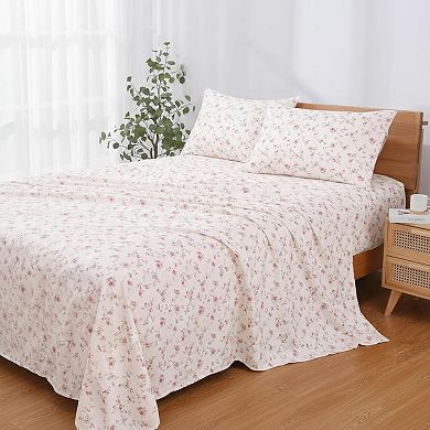 4-piece Ultra Soft Microfiber Bed Sheets Set Wrinkle Free Deep Pockets Lightweight Floral Rose