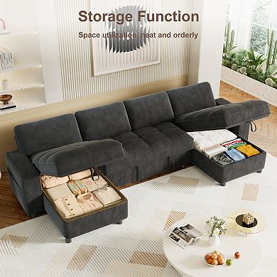 Opoiar 105" U-Shaped Chenille Sleeper Sofa with Pull-Out Bed, Storage Chaise, Adjustable Back, USB