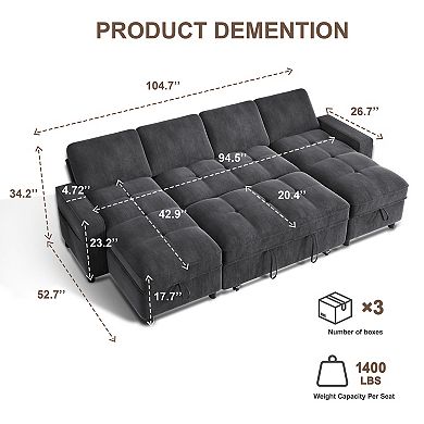 Opoiar 105" U-Shaped Chenille Sleeper Sofa with Pull-Out Bed, Storage Chaise, Adjustable Back, USB