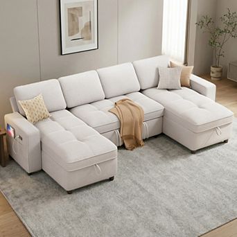 Opoiar 105" U-Shaped Chenille Sleeper Sofa with Pull-Out Bed, Storage Chaise, Adjustable Back, USB