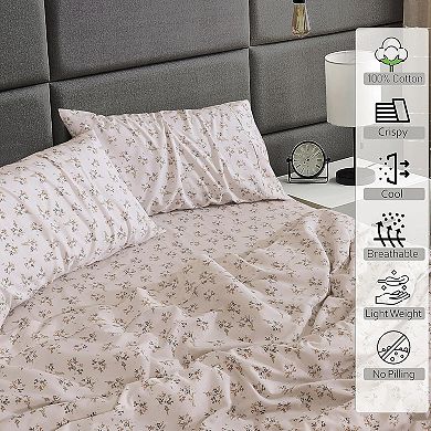 Cotton Sheets Queen Size , Cooling & Breathable Floral Design, 16" Deep Pocket, 4-Piece Set