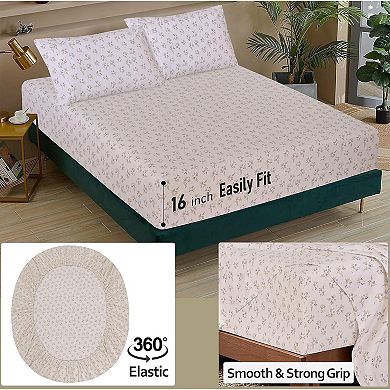 Cotton Sheets Queen Size , Cooling & Breathable Floral Design, 16" Deep Pocket, 4-Piece Set