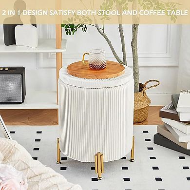 Round storage stool, metal legs, fabric footstool, 300 lbs, coffee table