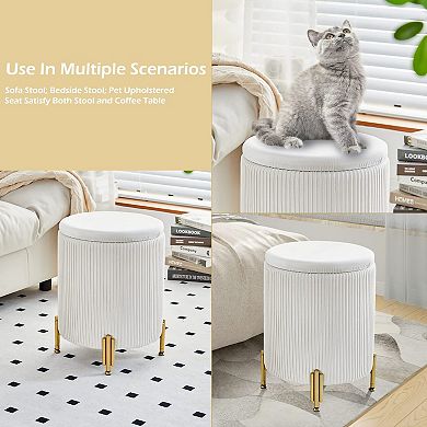Round storage stool, metal legs, fabric footstool, 300 lbs, coffee table