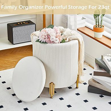 Round storage stool, metal legs, fabric footstool, 300 lbs, coffee table