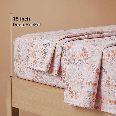 Queen Size 4 Piece Microfiber Sheet Set Floral Pattern Extra Deep Pocket Soft Brushed